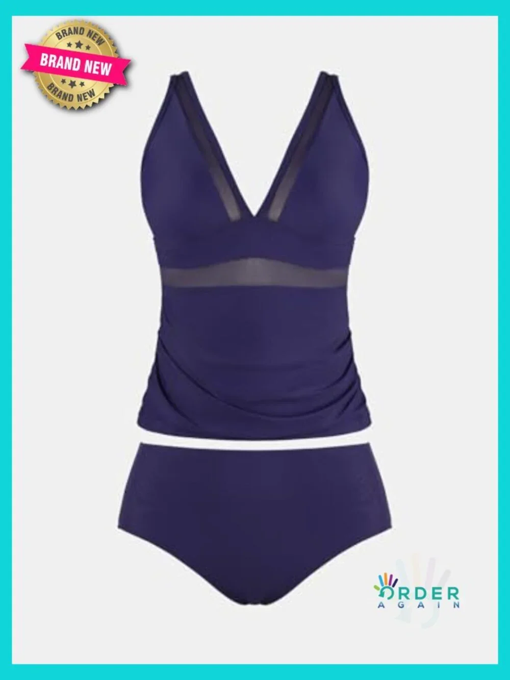 Plus Size Tankini Set Deep V Neck Mesh Two Piece Swimwear Adjustable Straps Mid